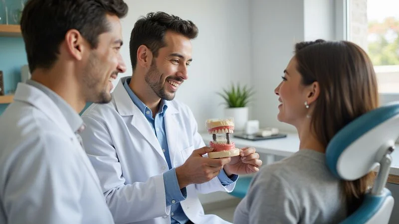 Dental professional explaining implant treatment options to patient using model of jaw with implant and natural teeth
