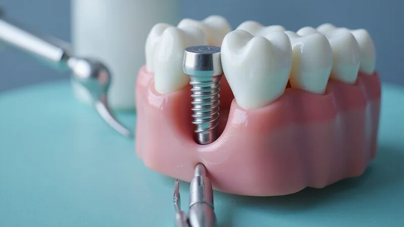 Illustration of dental implant being placed into jawbone showing titanium post integration with surrounding bone tissue