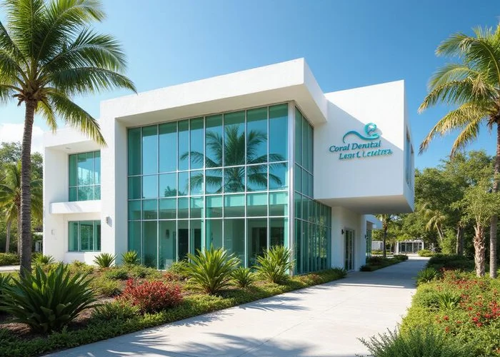 Modern dental clinic exterior in Playa del Carmen with tropical landscaping